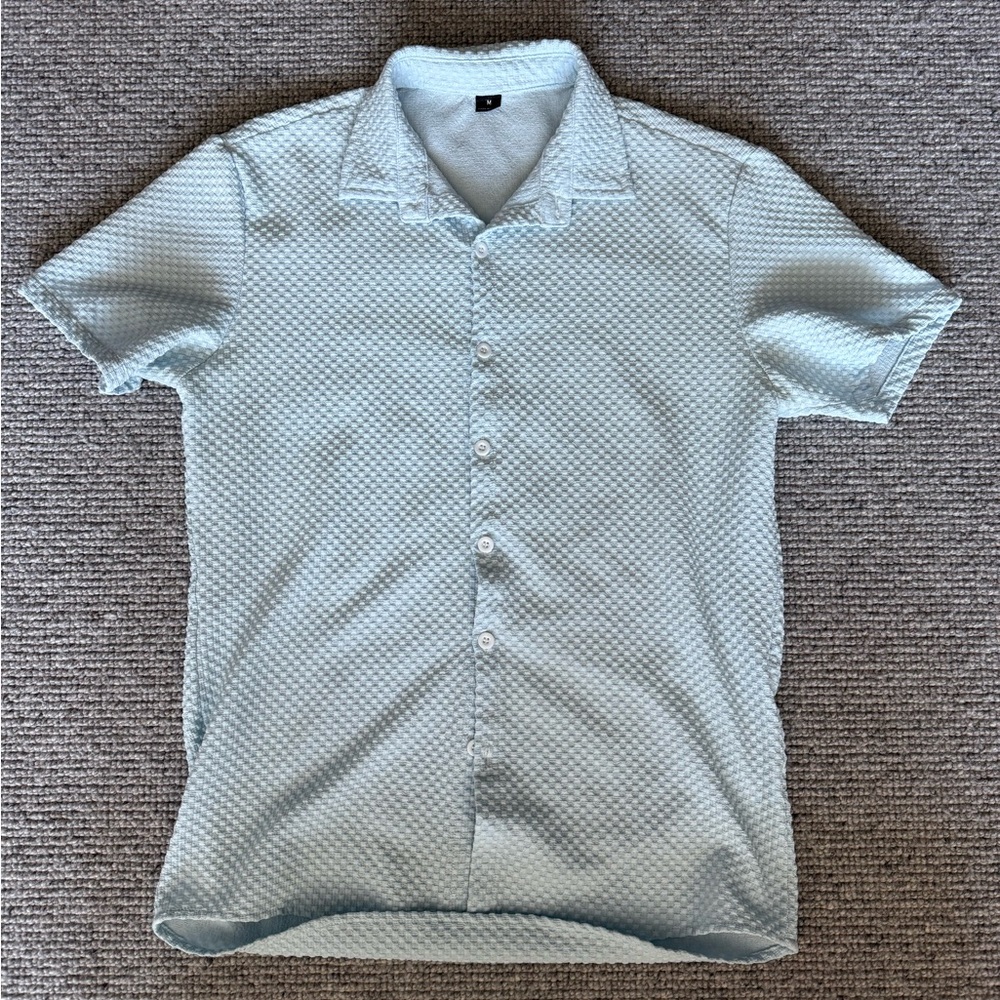 Men's Short Sleeve Polo Button Down Collar Medium Light Blue Waffle texture